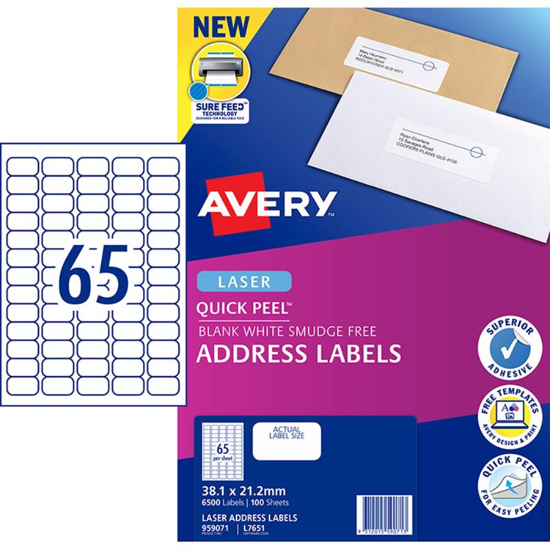 Avery Label L7651-100 White 38.1x21.2mm 65up 100 Sheets