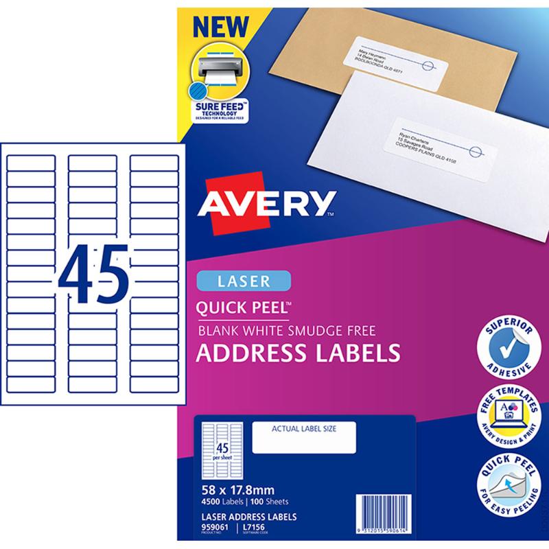 Avery Label L7156-100 58x17.8mm 45up 100 Sheets