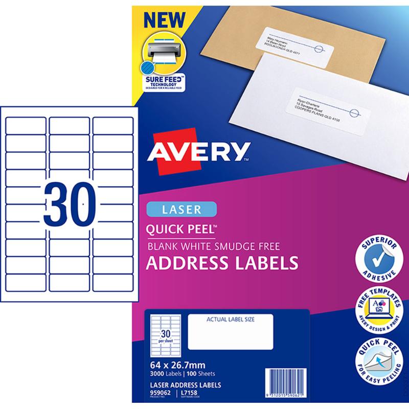 Avery Label L7158-100 64x26.7mm 30up 100 Sheets