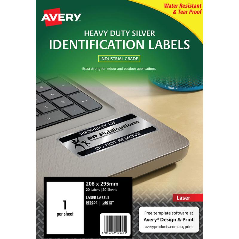 Avery Heavy Duty ID Label L6013 in silver, 208x295mm, tear-proof, water-resistant, perfect for asset and medication labeling.