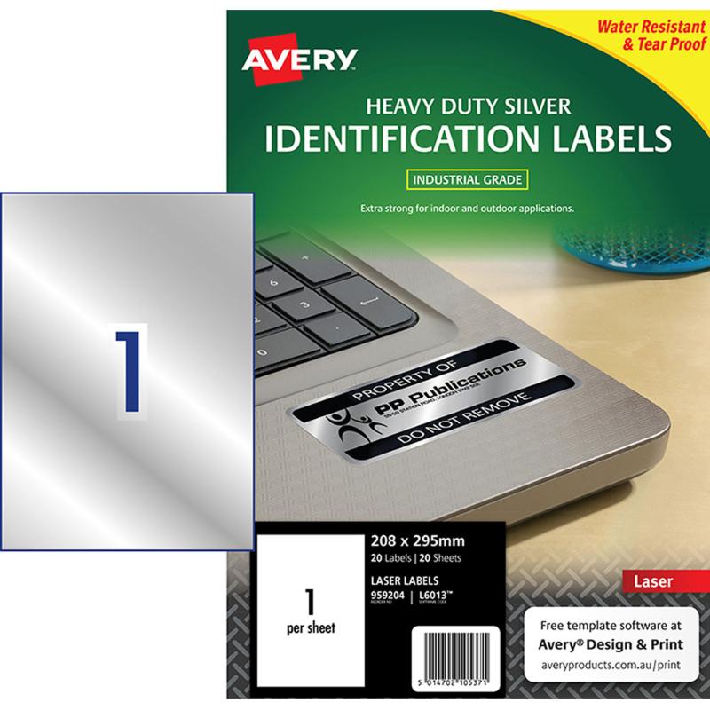 Avery Heavy Duty ID Label L6013 Silver Laser 208x295mm 1up 20 Sheets