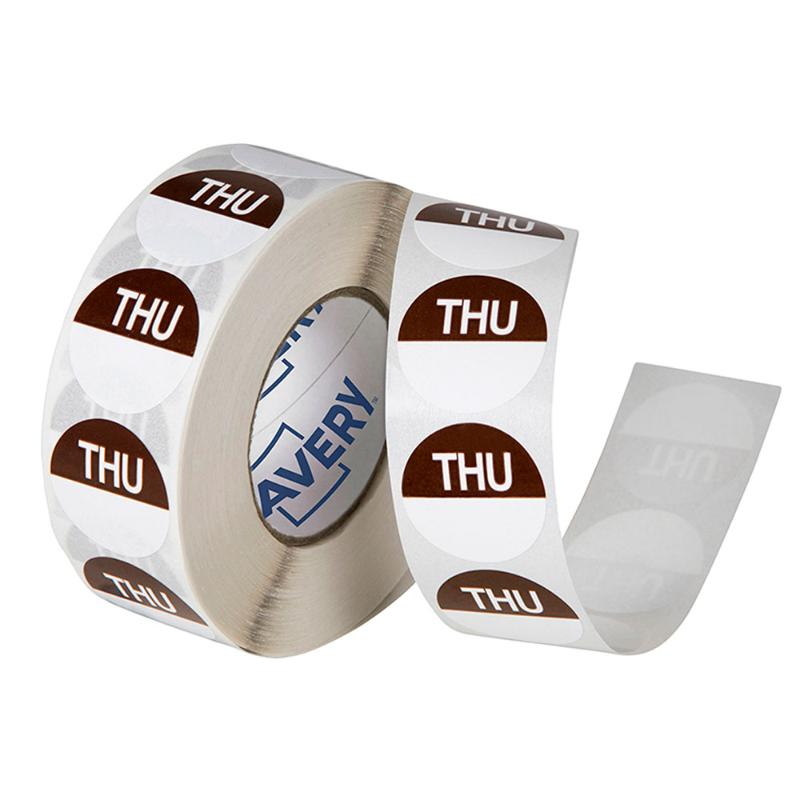 Avery Thursday Round Day labels in brown and white for food storage, 24mm, pack of 1000 for easy date tracking.