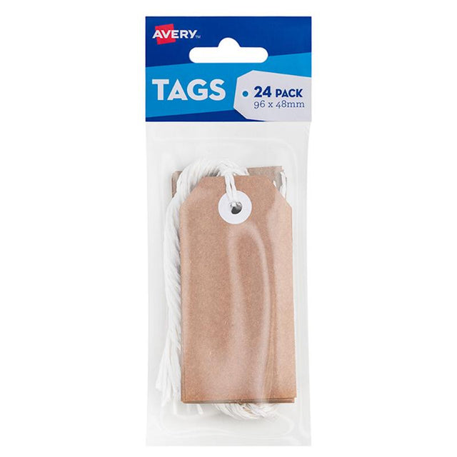 Avery Tag-It Brown Kraft 24 Pack tags, 48x96mm, durable, ideal for crafting, gift tagging, and labeling with white twine.