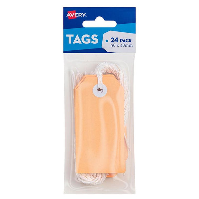 Pastel peach tags, 48x96mm, durable cardboard, 24 pack with twine, perfect for crafting and gift labeling.