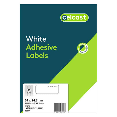 Celcast A4 labels, 64x24.3mm, 33 labels per sheet, 100 sheets for versatile organization and printing needs.