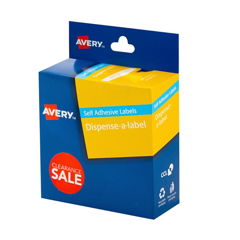 Avery 24mm label dispenser with 300 vibrant red and white pre-printed labels for effortless organization and repositioning.