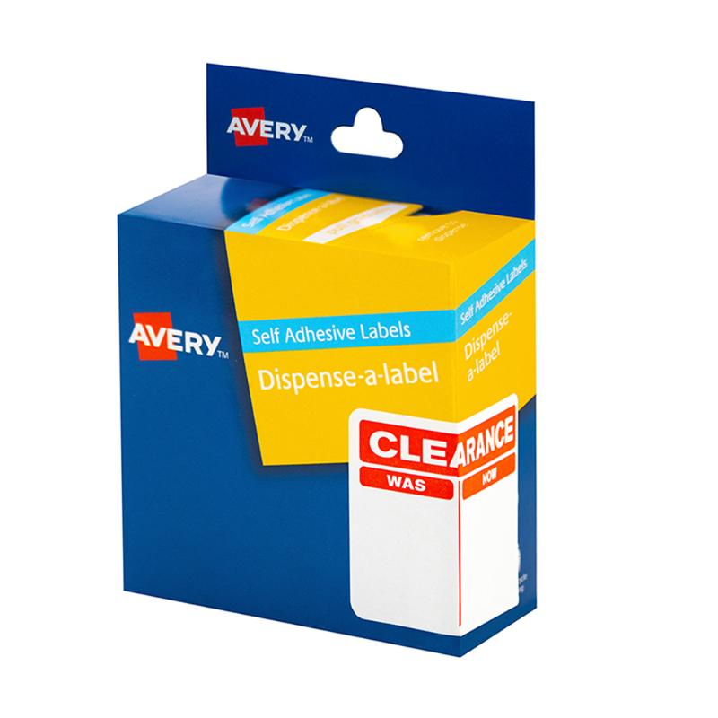 Avery 60x40mm red and white labels in a dispenser for easy, efficient labeling; 100 pack with removable adhesive.