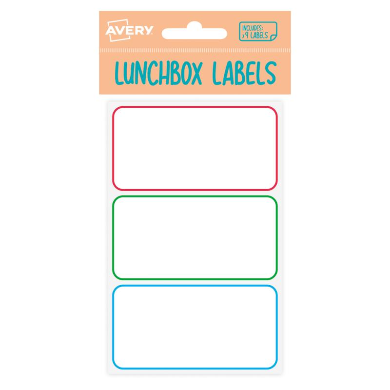 Vibrant Avery lunch box labels in assorted colors for easy organization and personalization of meals and snacks.