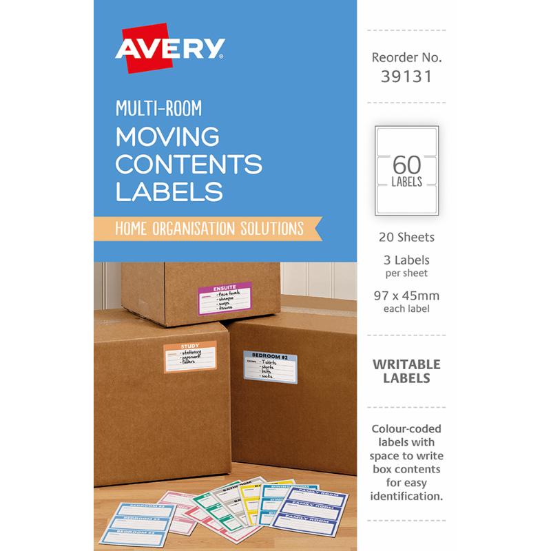 Avery Moving Labels 39131 Assorted Colours 97x45mm 3up 20 Sheets