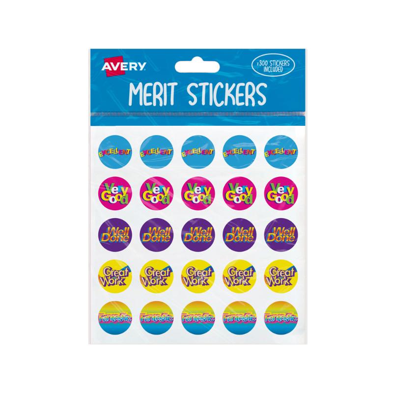 Avery Merit Stickers pack of 300, 22mm round, features vibrant designs with motivational captions for rewarding achievements.