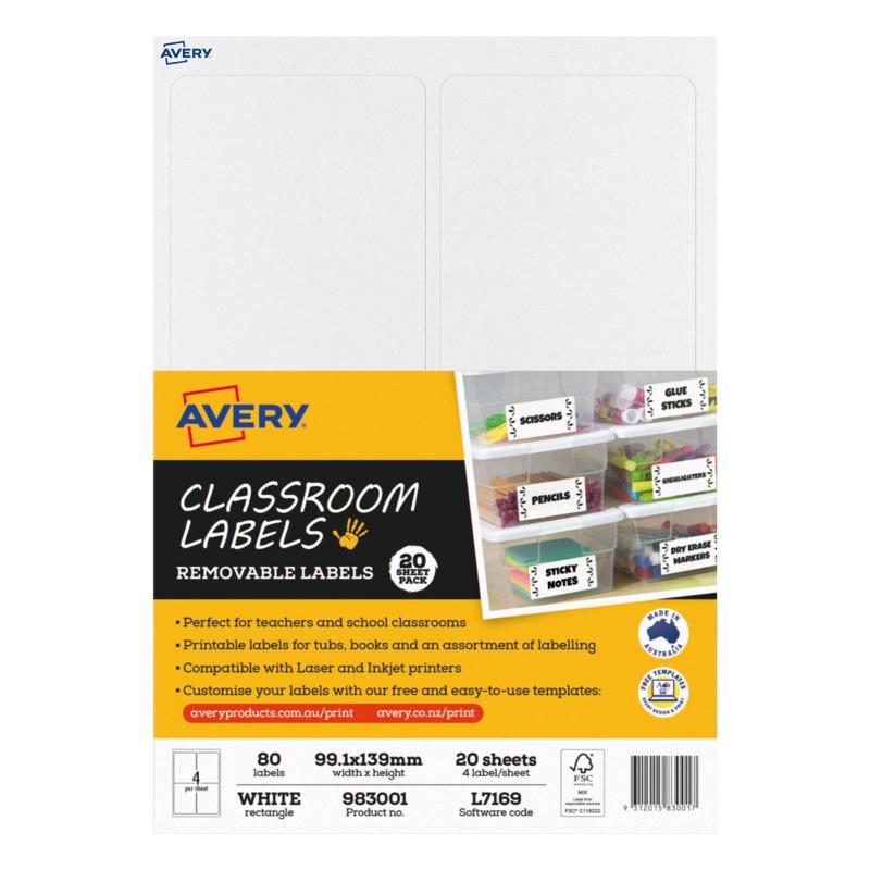 Avery Classroom Labels L7169, 80 durable labels for organizing classroom supplies, compatible with laser and inkjet printers.