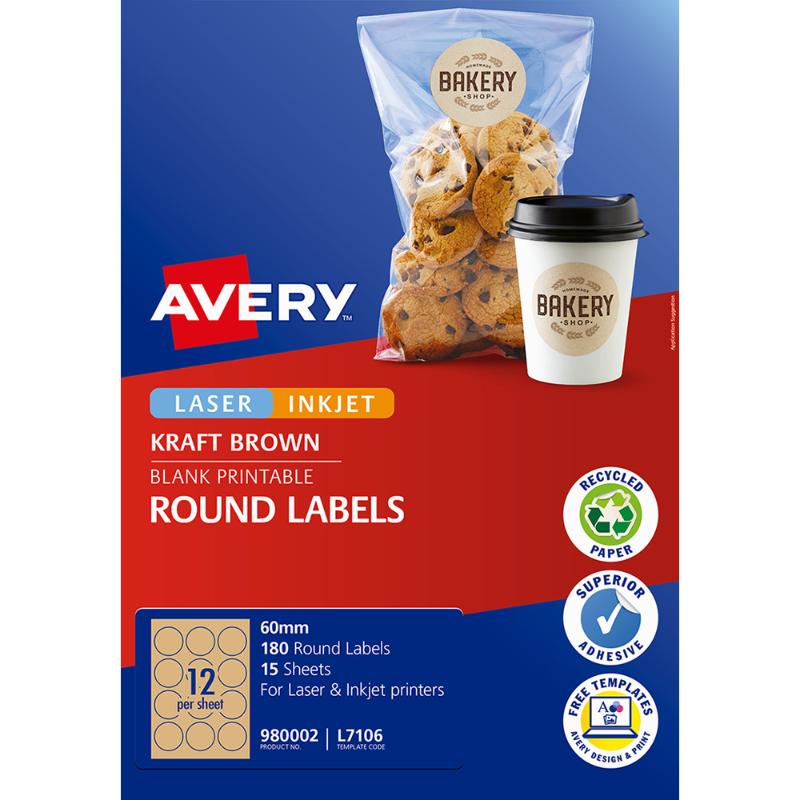 Avery Label L7106 Round Kraft 60mm 12up 15 Sheets