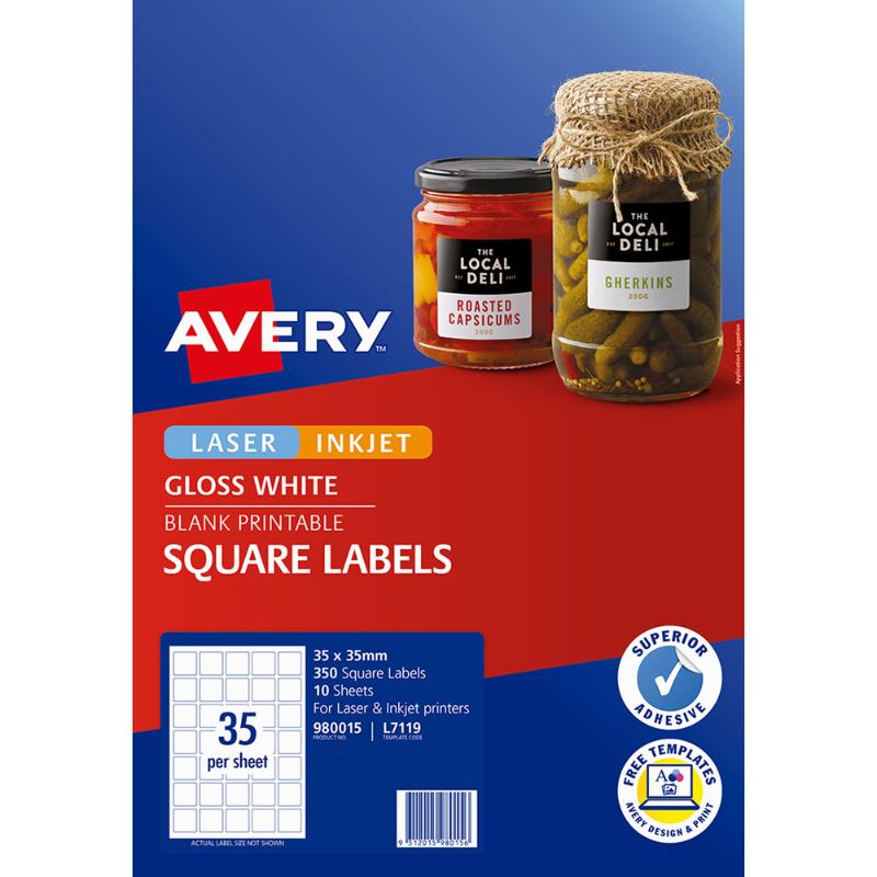 Avery Label L7119 Square White Glossy 35up 10 Sheets 35x35mm