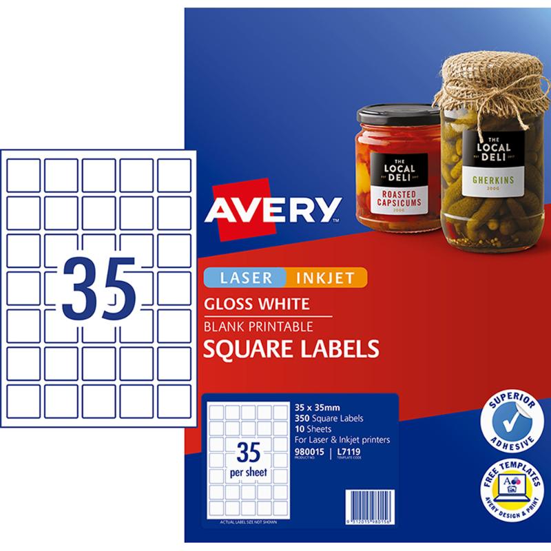 Avery Label L7119 Square White Glossy 35up 10 Sheets 35x35mm