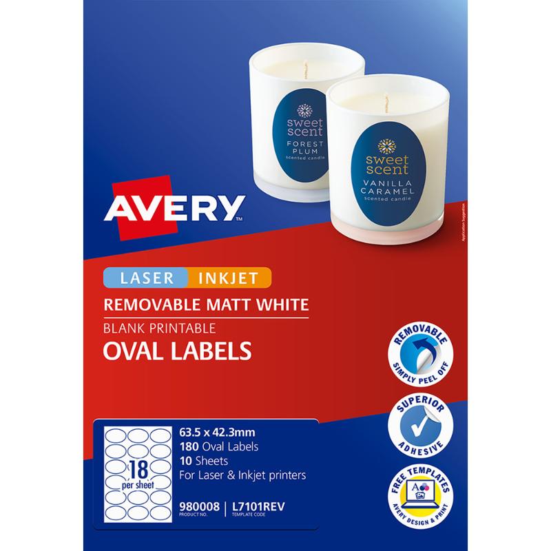 Avery Label L7101REV Oval White 18up 10 Sheets 63x42mm