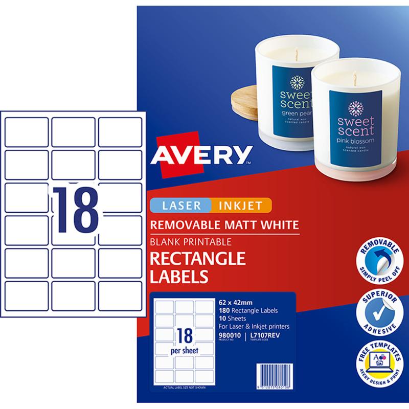 Avery Label L7107REV Rectangular White 18up 10 Sheets 62x42mm