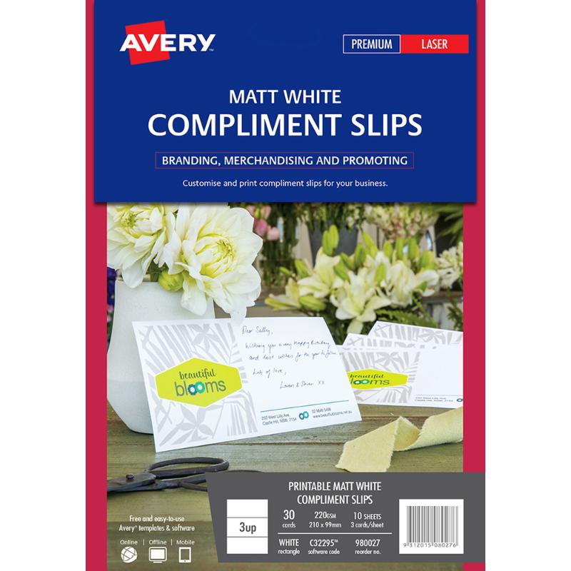 Avery Compliment Card Matt White Laser 210x99mm 3up 10 Sheets