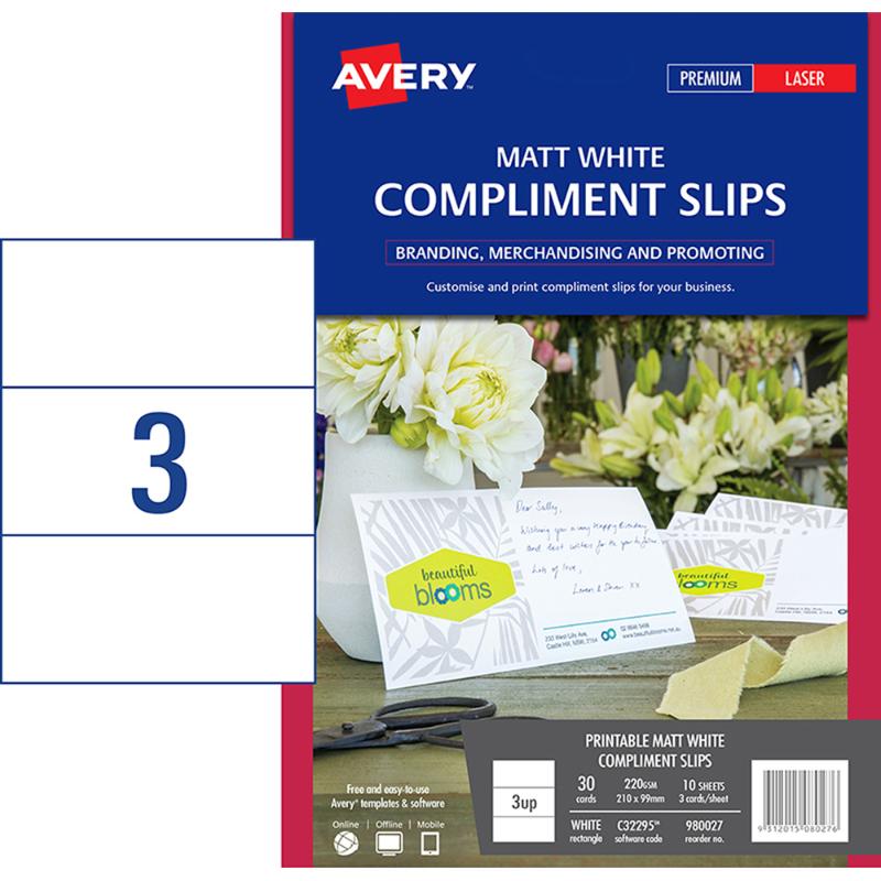 Avery Compliment Card Matt White Laser 210x99mm 3up 10 Sheets