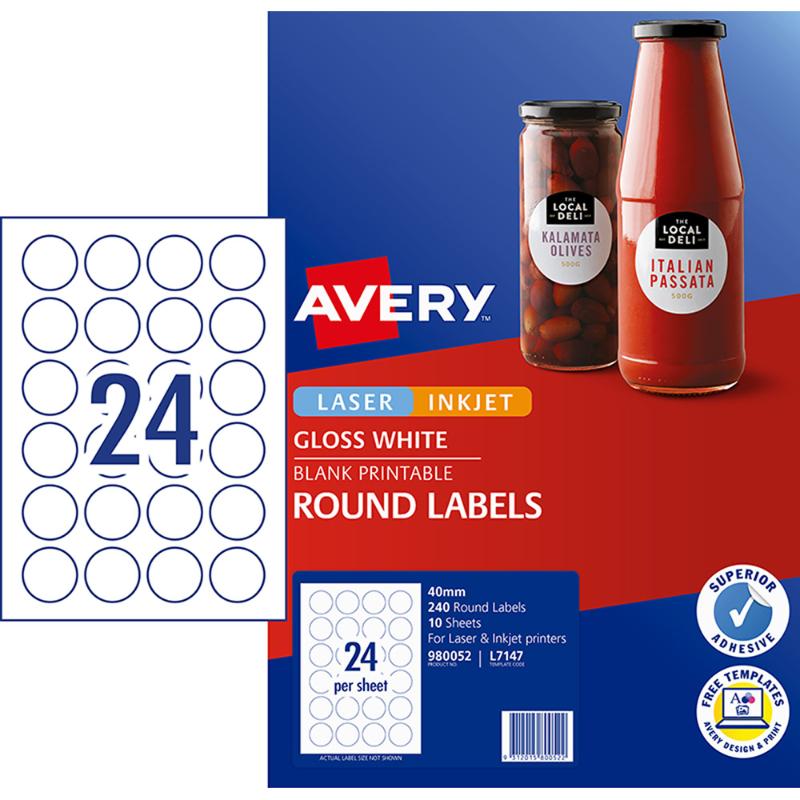 Avery Label L7147 White Gloss Round 40mm 24up 10 Sheets