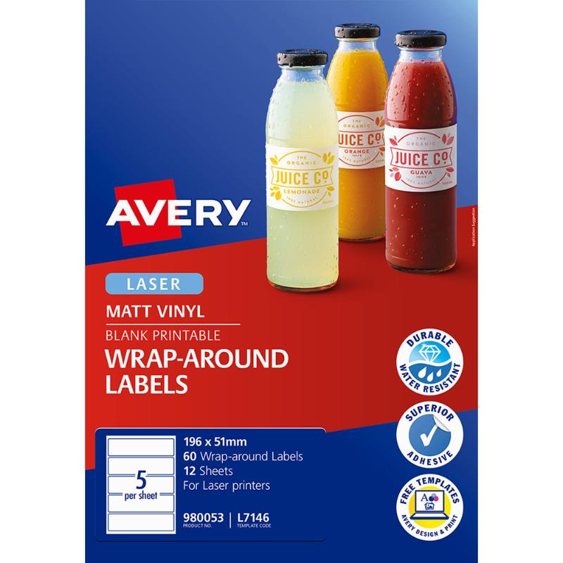 Avery Label L7146 Wrapround White Durable Laser 196x51mm 5up 12 Sheets