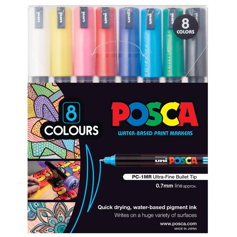 Set of 8 Uni Posca 0.7mm paint markers in assorted colors, perfect for precise details on various surfaces.