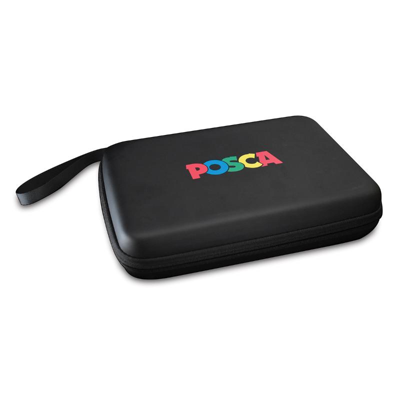 Black hard shell storage case for up to 25 POSCA markers, featuring elastic bands and a zip-up design for organization.