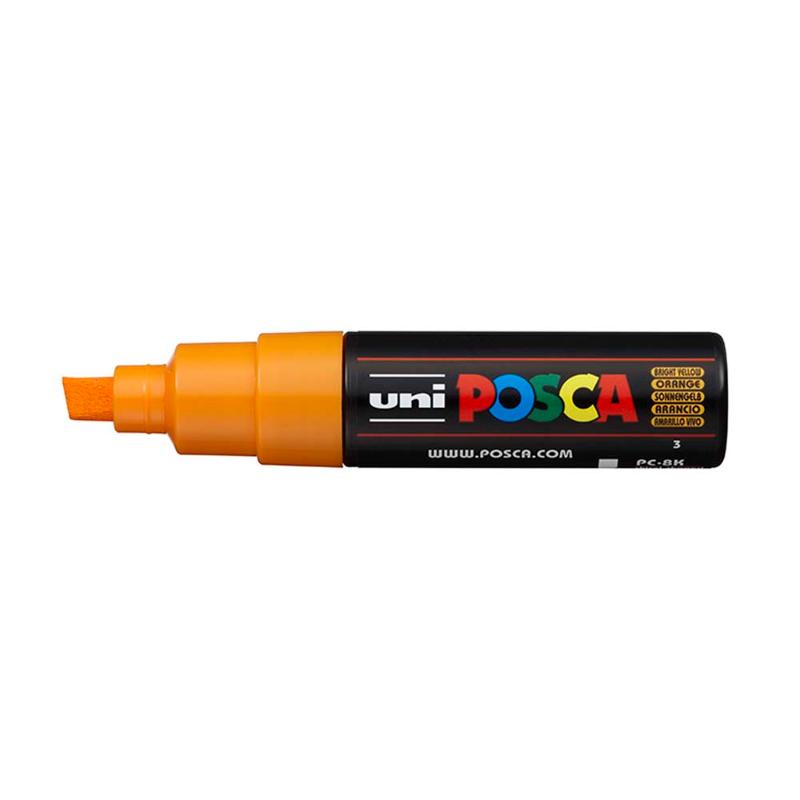 Uni Posca Bold Chisel Marker in Bright Yellow, perfect for vibrant art on various surfaces with a versatile 8.0mm tip.