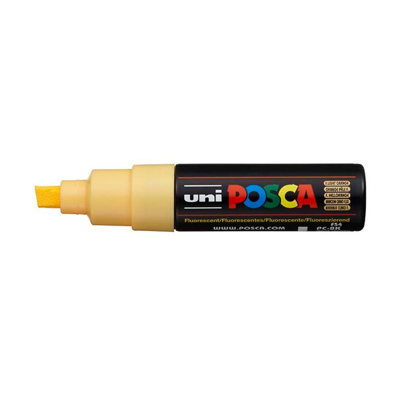 Uni Posca 8.0mm Bold Chisel Marker in Fluoro Light Orange, ideal for vibrant art on various surfaces.