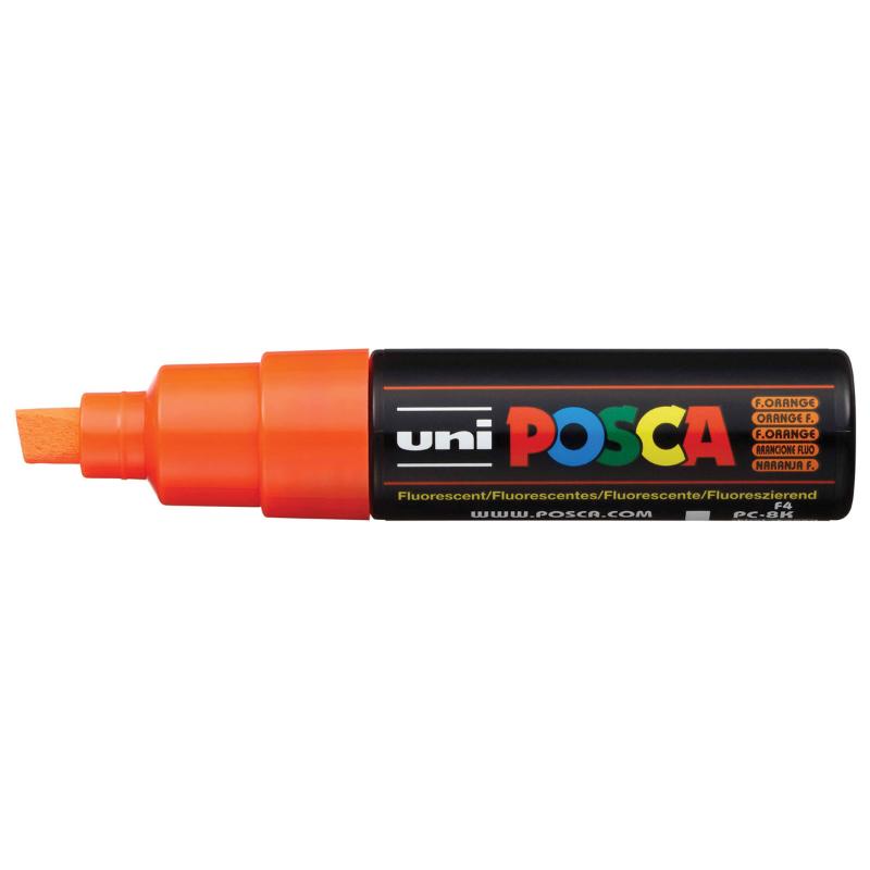 Vibrant fluoro orange Uni Posca Marker with an 8.0mm bold chisel tip for creating thick, eye-catching lines on various surfaces.