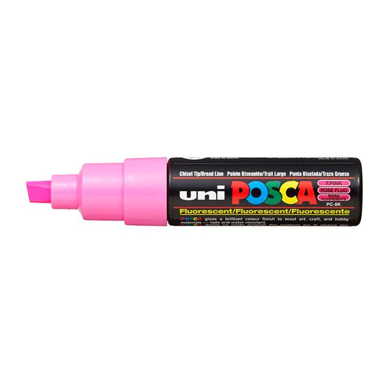 Uni Posca Marker 8.0mm Bold Chisel in Fluoro Pink, ideal for vibrant art on various surfaces with precision and versatility.