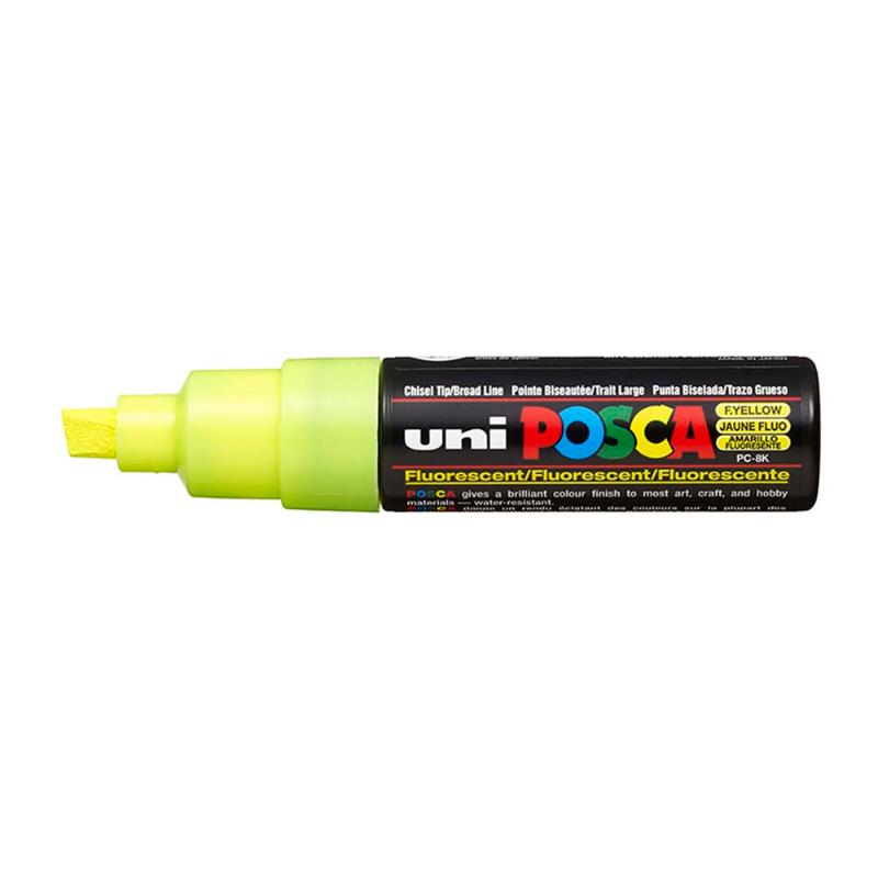 Uni Posca Marker 8.0mm in Fluoro Yellow with bold chisel tip, ideal for vibrant art on various surfaces.