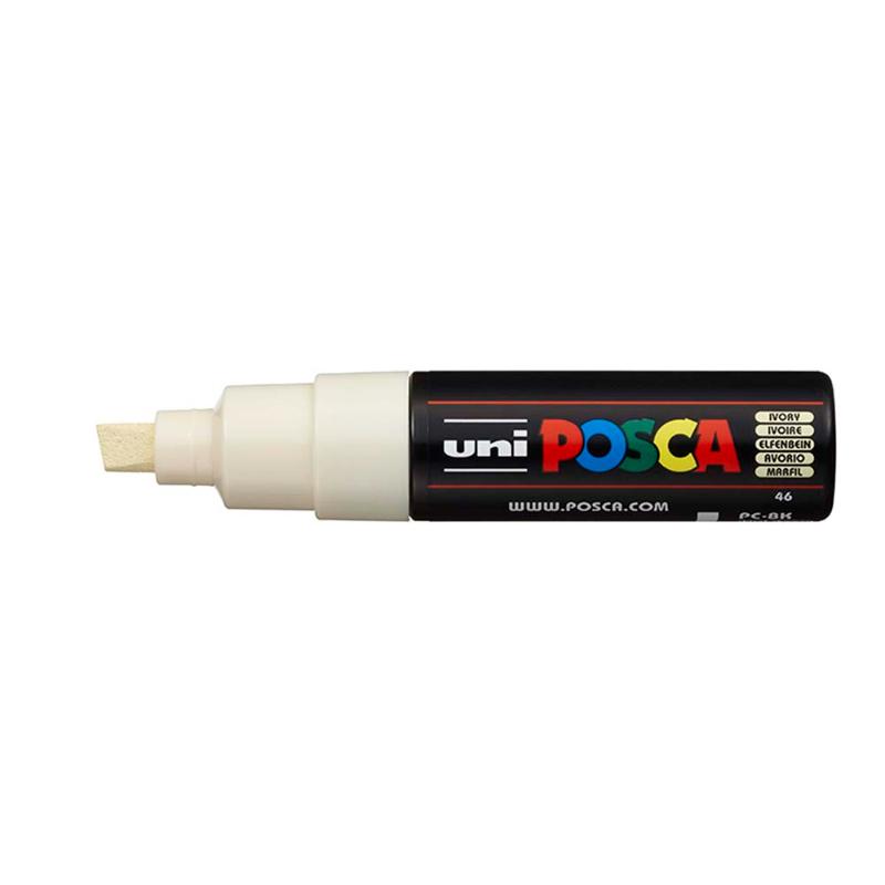 Uni Posca 8mm chisel marker in ivory, ideal for artists, crafters, and safe for all surfaces.