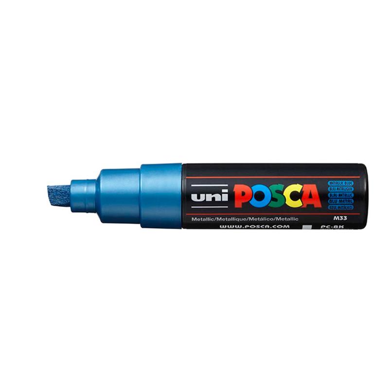 Uni Posca 8.0mm Metallic Blue marker with bold chisel tip for vibrant artwork and versatile applications on various surfaces.