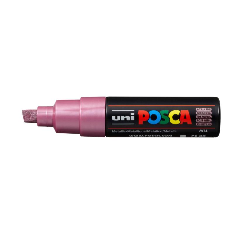 Uni Posca 8.0mm Bold Chisel Metallic Pink Marker, ideal for vibrant art on various surfaces.