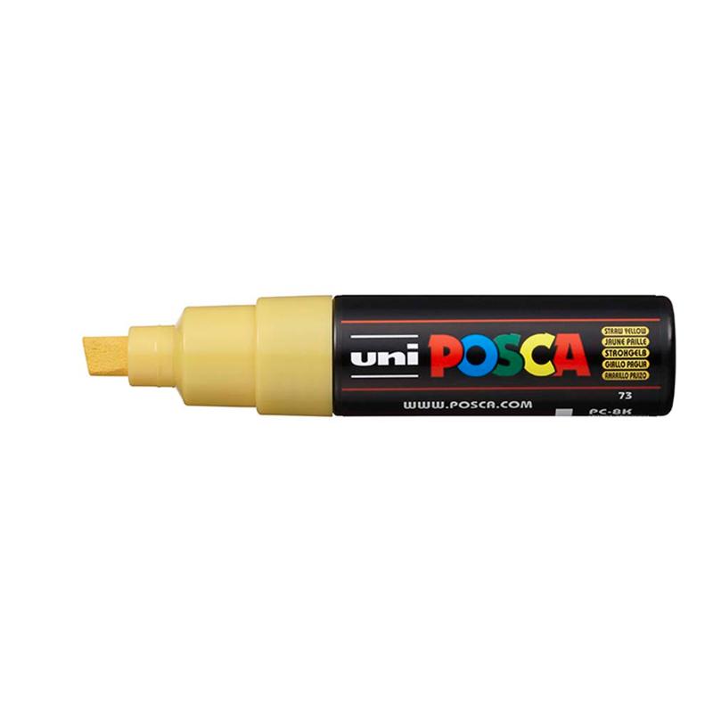 Uni Posca Marker 8.0mm in bold straw yellow, perfect for vibrant designs on paper, wood, glass, and fabric.