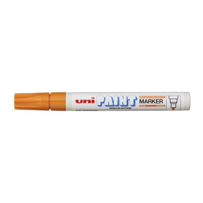 Uni Paint Marker in vibrant orange with a 2.8mm bullet tip, perfect for detailed and bold artistic projects.