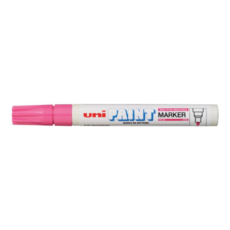 Uni Paint Marker in vibrant pink with a 2.8mm bullet tip for versatile, high-quality artistic applications.