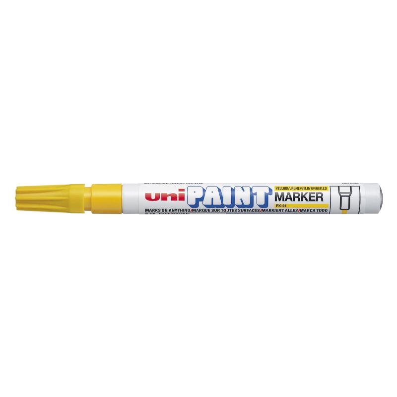 Uni Paint Marker 1.2mm Bullet Tip in vibrant yellow, suitable for various surfaces and projects, featuring waterproof ink.