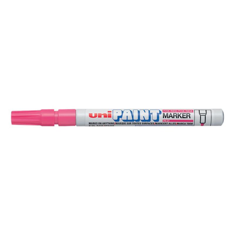 Vibrant pink Uni Paint Marker with a 1.2mm bullet tip for bold, permanent lines on various surfaces.