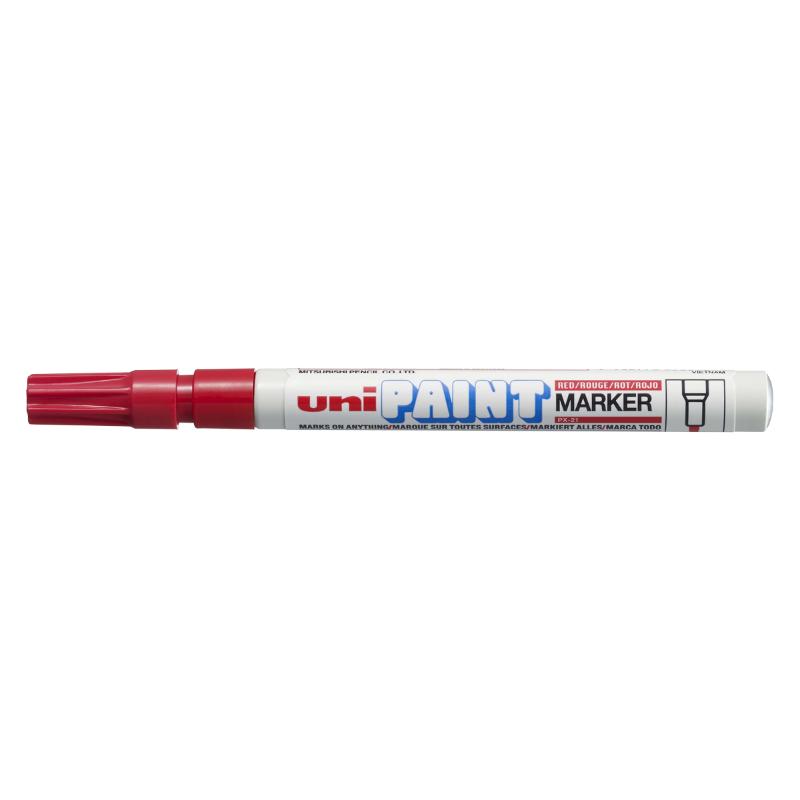 Uni Paint Marker 1.2mm Bullet Tip Red PX-21, oil-based for vibrant, waterproof marking on various surfaces.