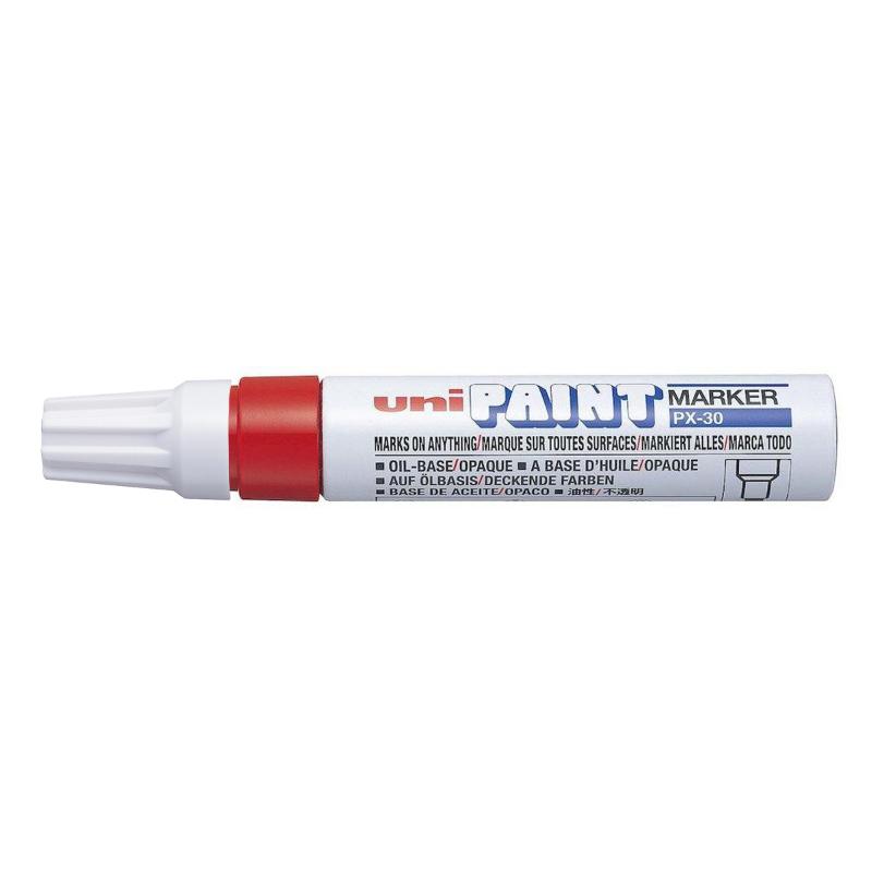 Uni Paint Marker in vibrant red with a chisel tip, ideal for versatile use on various surfaces including metal and wood.