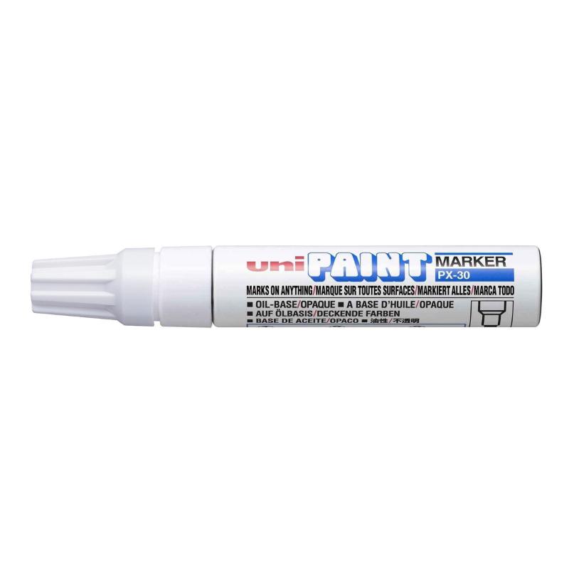 Uni Paint Marker PX-30 with white chisel tip, ideal for durable and vibrant marking on various surfaces.