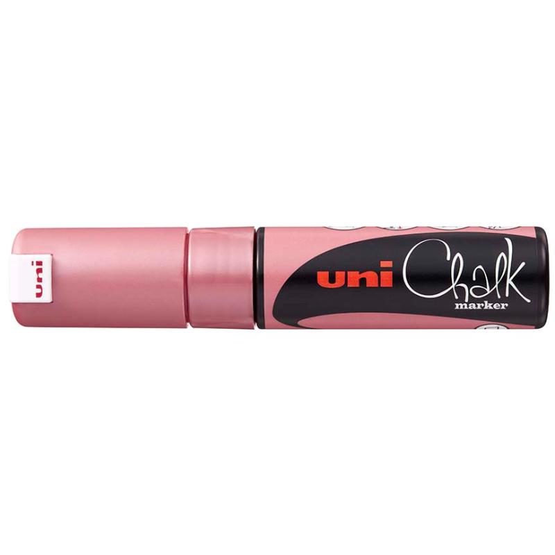 Metallic red Uni Chalk Marker with 8.0mm chisel tip for vibrant, eye-catching sign writing on non-porous surfaces.