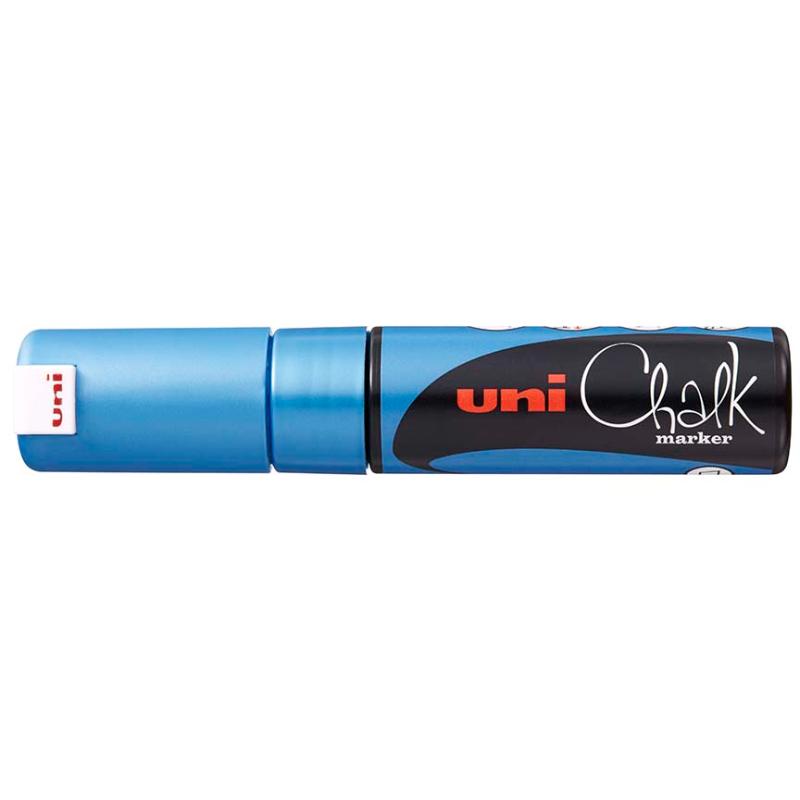 Uni Chalk Marker 8.0mm Chisel Tip in Metallic Blue for vibrant designs on non-porous surfaces, ideal for artists and DIY projects.