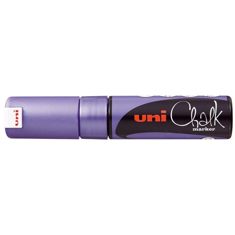 Uni Chalk Marker 8.0mm Chisel Tip in Metallic Violet for vibrant, removable designs on non-porous surfaces.