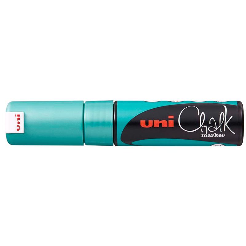 Uni Chalk Marker 8.0mm Chisel Tip in Metallic Green for vibrant, rain-resistant writing on glass and chalkboards.