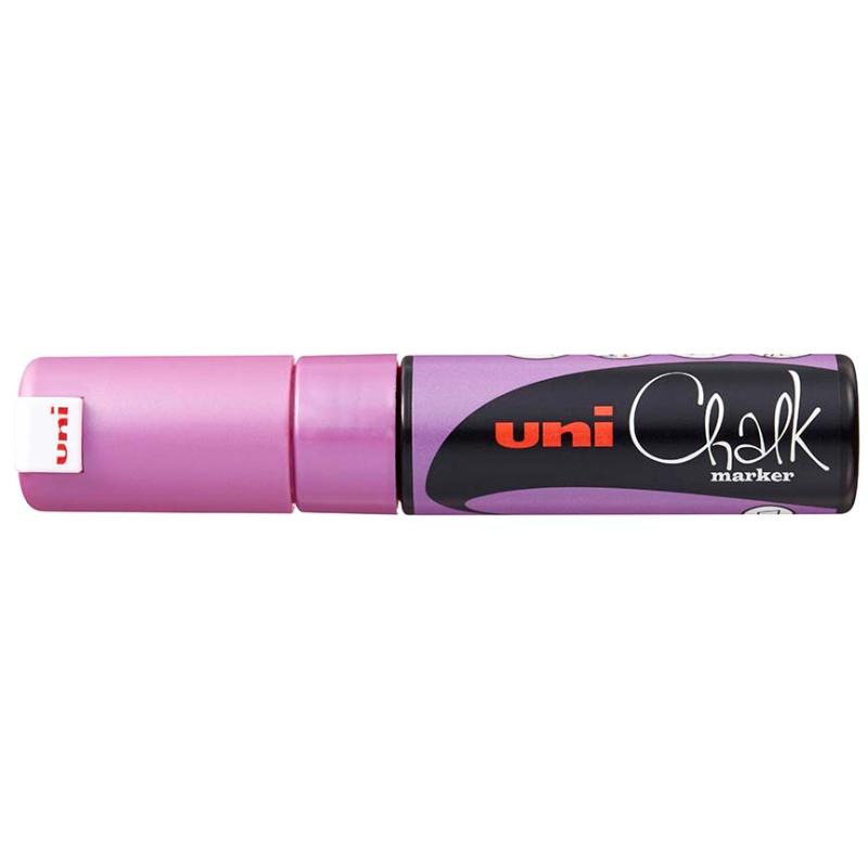 Uni Chalk Marker in Metallic Pink with an 8.0mm chisel tip for vibrant, creative expression on non-porous surfaces.