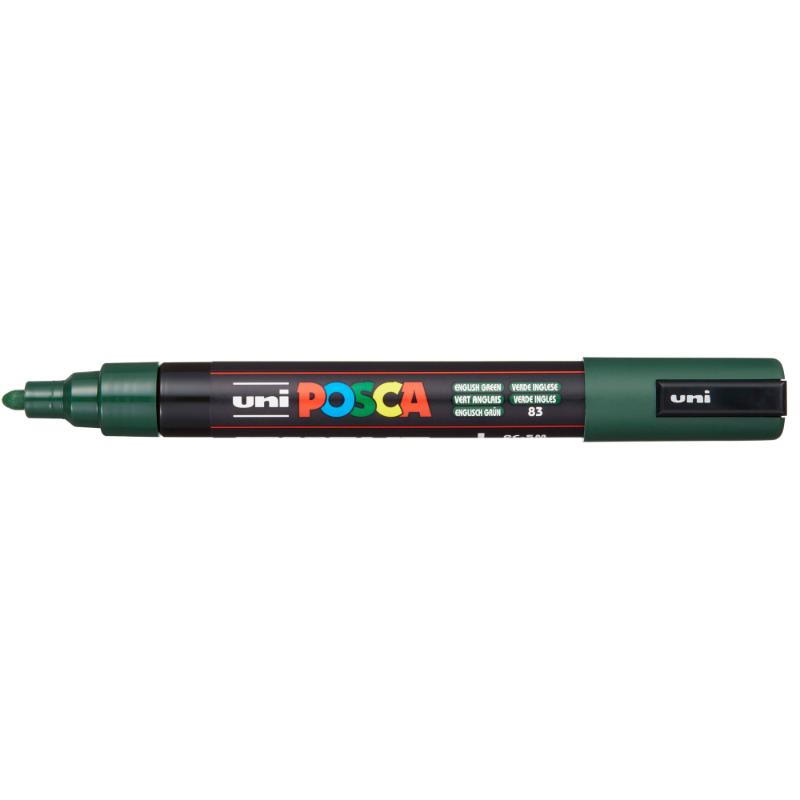 Uni Posca Marker in English Green, 1.8-2.5mm, ideal for precise writing on paper, wood, glass, and fabric.