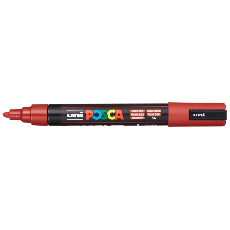 Uni Posca Marker in ruby red with a medium bullet tip, ideal for vibrant art on multiple surfaces.