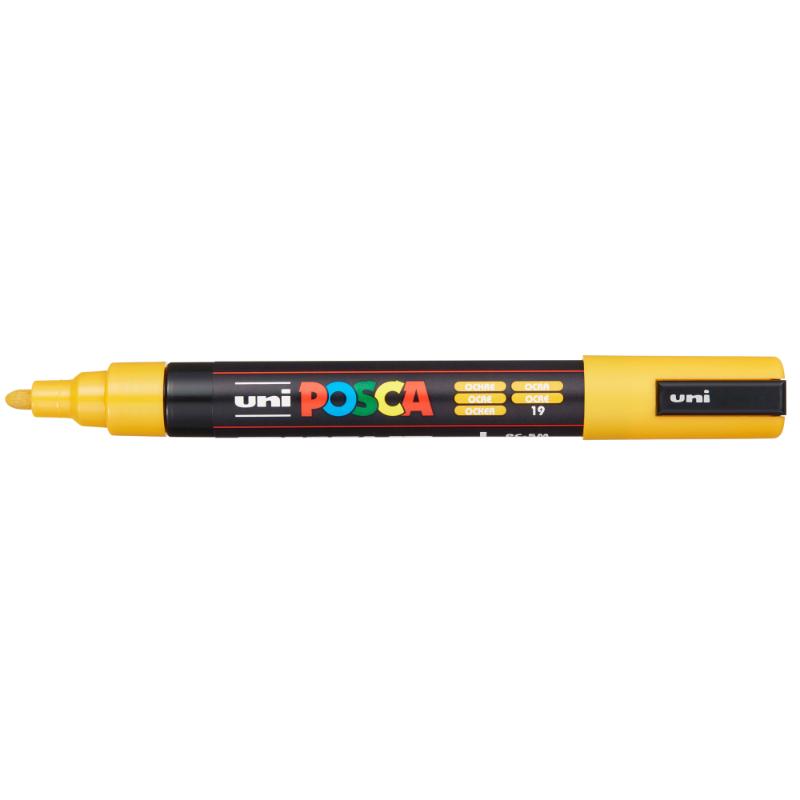 Uni Posca Marker in ochre with a medium bullet tip, perfect for vibrant detailing on various surfaces.